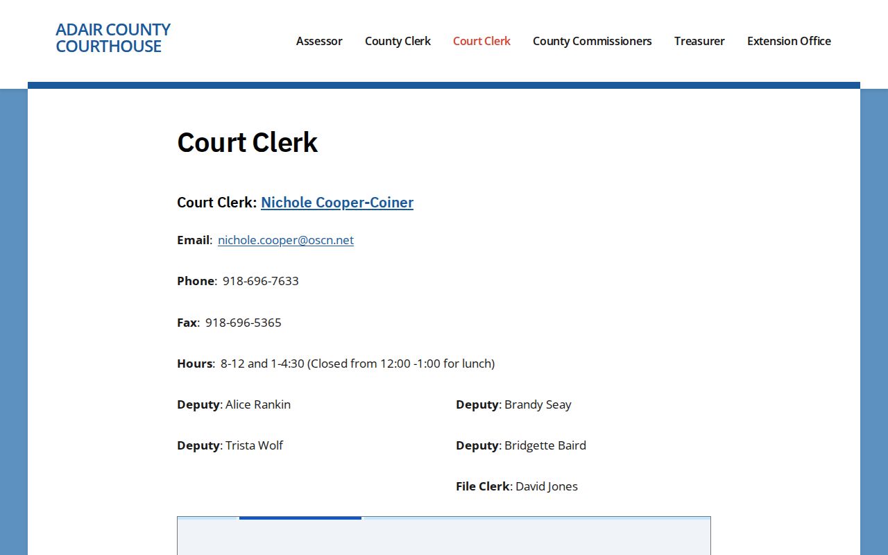 Official Adair County Court Clerk contact and hours page