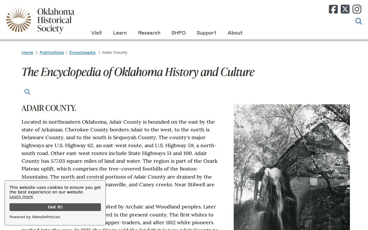 Official Oklahoma Historical Society county entry for Adair County towns