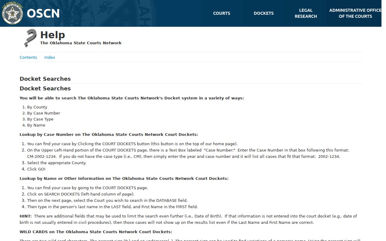 Official OSCN search help showing court and name search guidance