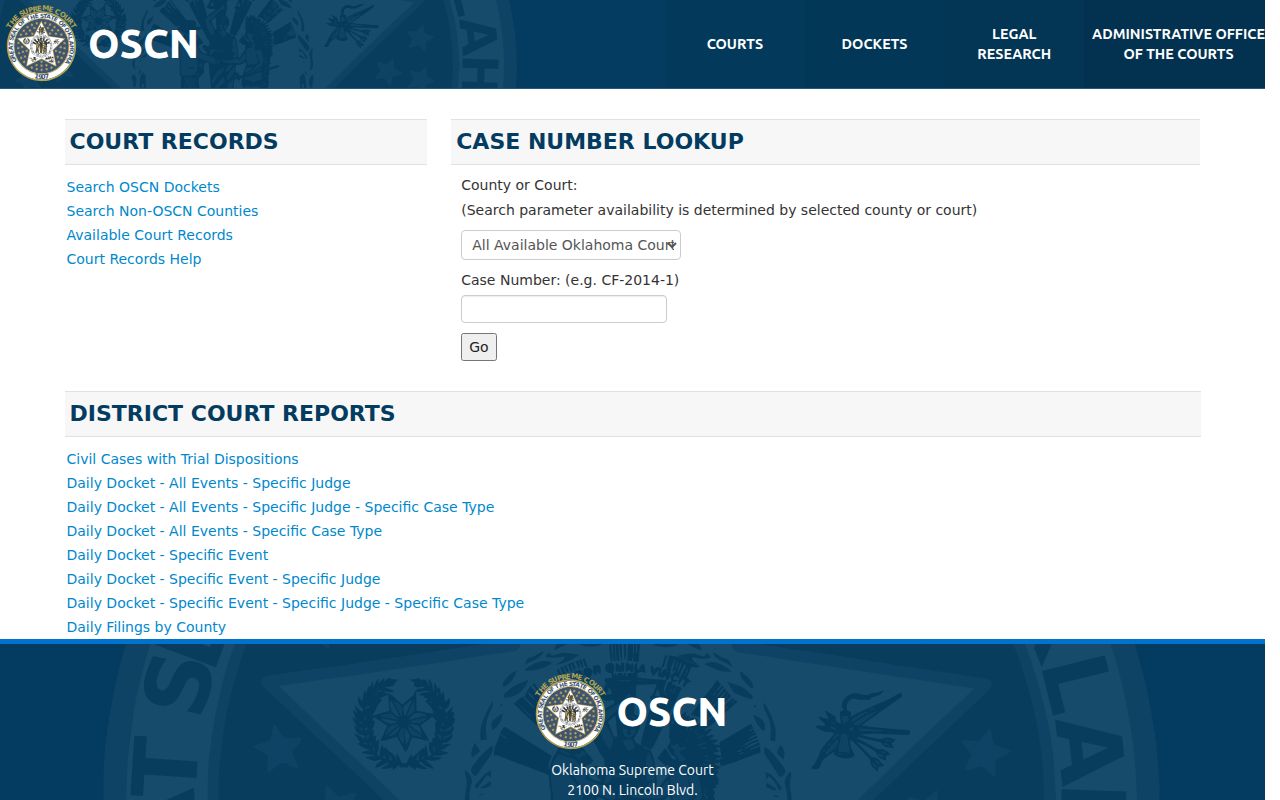 Official OSCN statewide court docket landing page